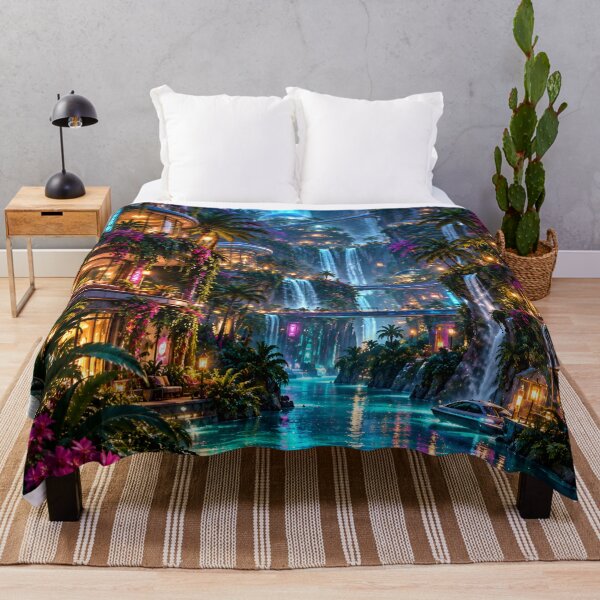 Item preview, Futuristic Tropical Waterfall City with Neon Lights and Sky Bridges designed and sold by IRON SIREN.