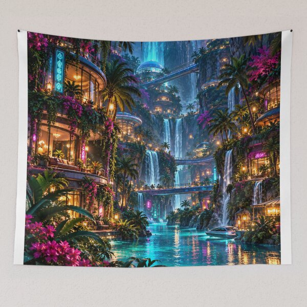 Item preview, Futuristic Tropical Waterfall City with Neon Lights and Sky Bridges designed and sold by IRON SIREN.