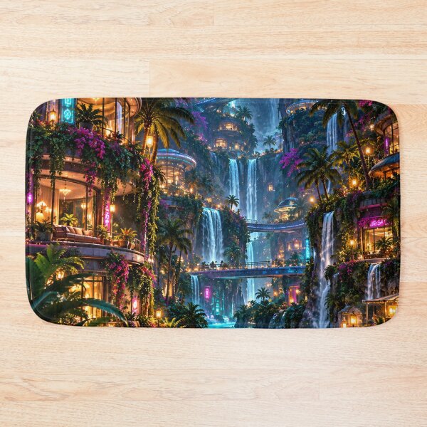 Item preview, Futuristic Tropical Waterfall City with Neon Lights and Sky Bridges designed and sold by IRON SIREN.