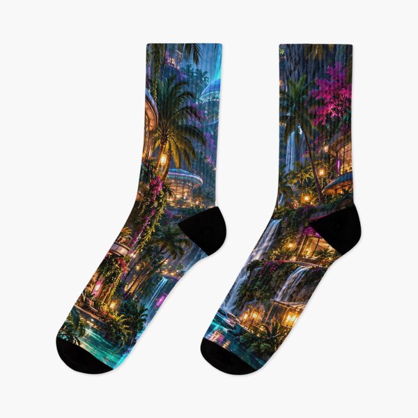 Item preview, Futuristic Tropical Waterfall City with Neon Lights and Sky Bridges designed and sold by IRON SIREN.