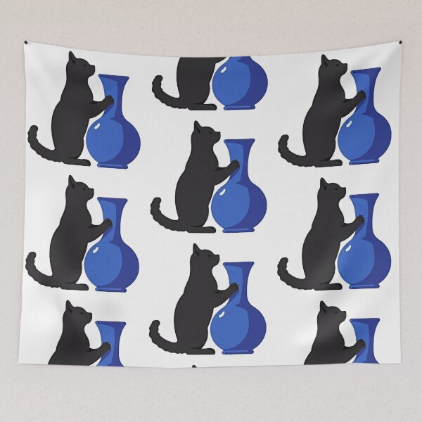 Item preview, Cat pushing a blue vase funny cat art designed and sold by Prints by Mat.