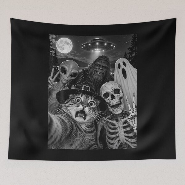 Item preview, Halloween Cat Selfie Witch Skeleton Alien Bigfoot Ghost Ufo designed and sold by Chromatic-Cubes.