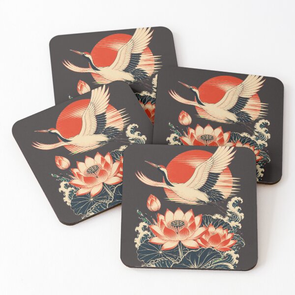 Item preview, Japanese Crane Lotus Red Sun Ukiyo e Flying Bird Art designed and sold by QCena.