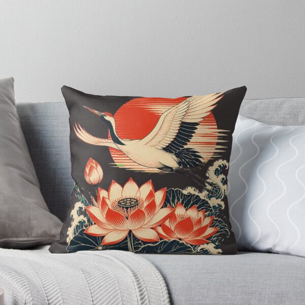 Item preview, Japanese Crane Lotus Red Sun Ukiyo e Flying Bird Art designed and sold by QCena.