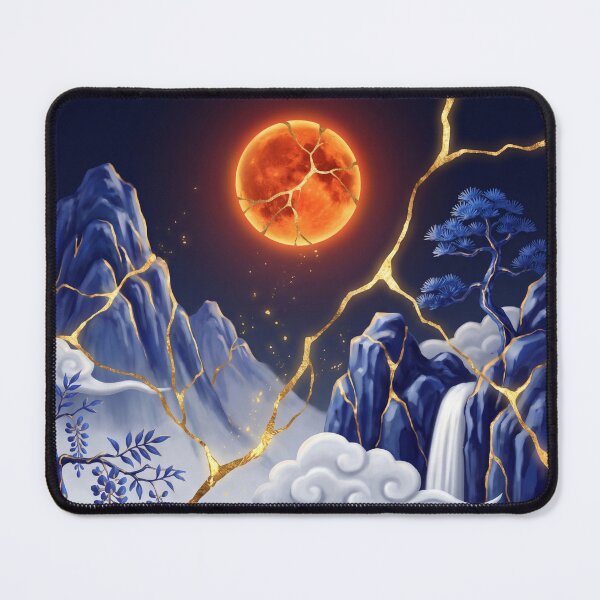 Item preview, Japanese Mountain Landscape Blue Gold Moon designed and sold by ElagoozArt.