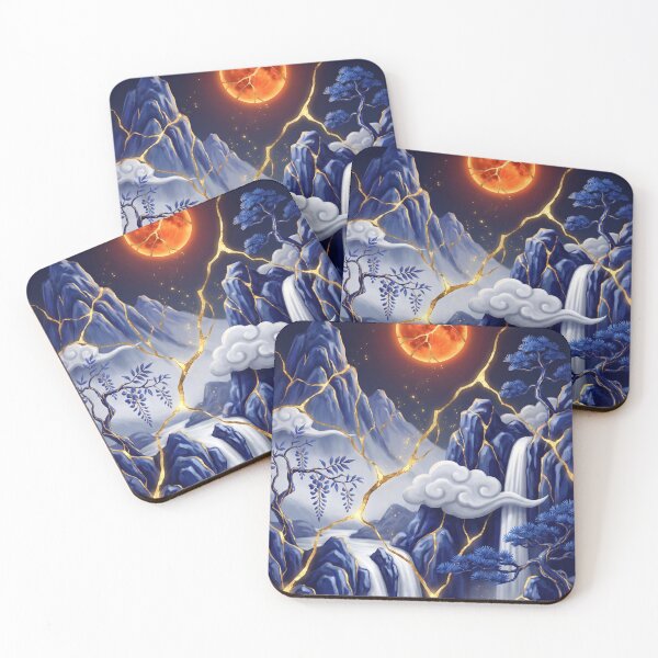 Item preview, Japanese Mountain Landscape Blue Gold Moon designed and sold by ElagoozArt.