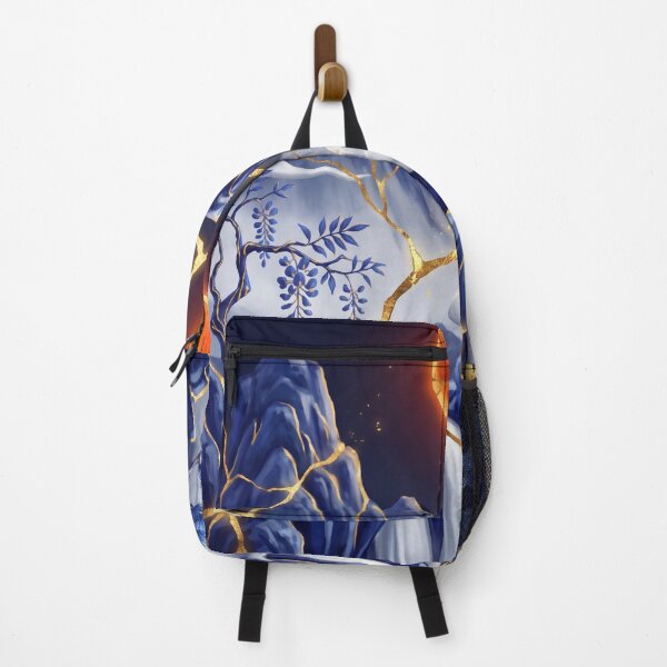 Item preview, Japanese Mountain Landscape Blue Gold Moon designed and sold by ElagoozArt.