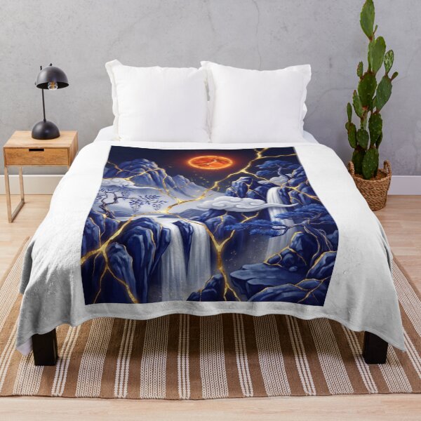Item preview, Japanese Mountain Landscape Blue Gold Moon designed and sold by ElagoozArt.