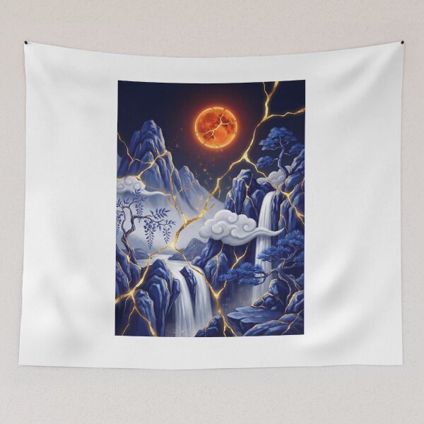 Item preview, Japanese Mountain Landscape Blue Gold Moon designed and sold by ElagoozArt.