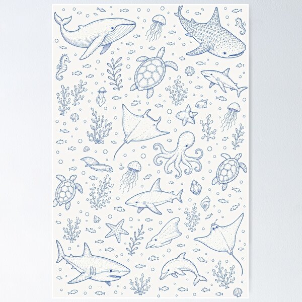 Item preview, Blue Ocean Life Pattern | Nautical Sea Animals & Coastal Line Art designed and sold by Luv4tete.