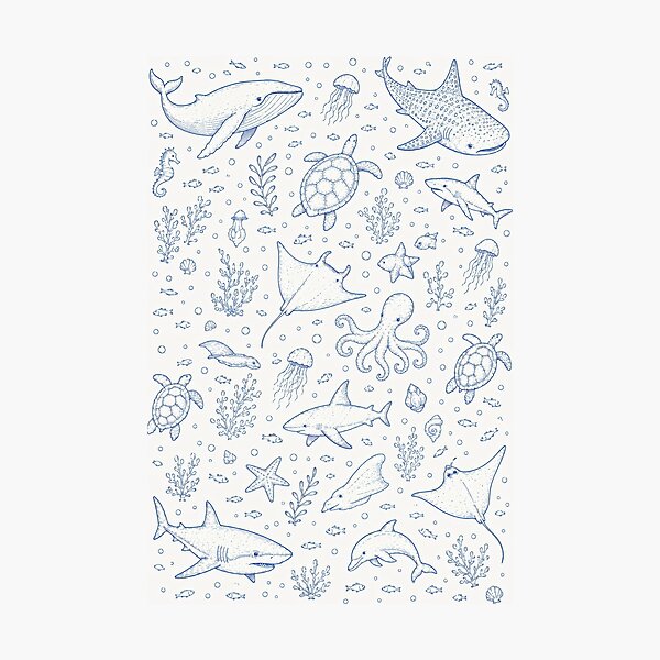 Item preview, Blue Ocean Life Pattern | Nautical Sea Animals & Coastal Line Art designed and sold by Luv4tete.