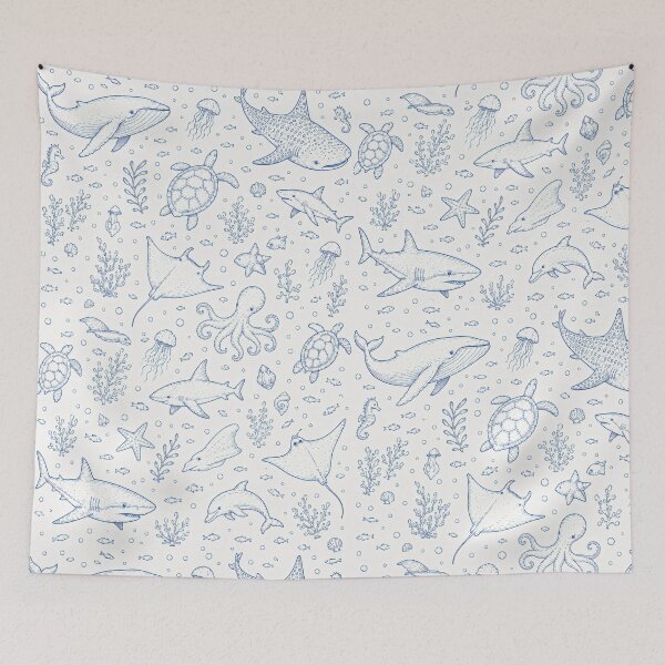 Item preview, Blue Ocean Life Pattern | Nautical Sea Animals & Coastal Line Art designed and sold by Luv4tete.