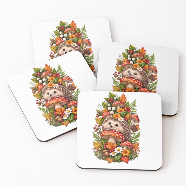 Item preview, hedgehog in forest, surrounded by  flowers, mushroom, trees designed and sold by SABEHAT.