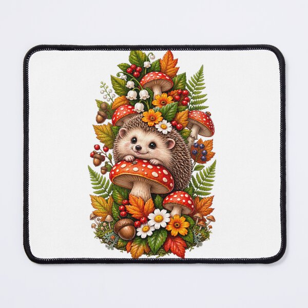 Item preview, hedgehog in forest, surrounded by  flowers, mushroom, trees designed and sold by Afnan Store.