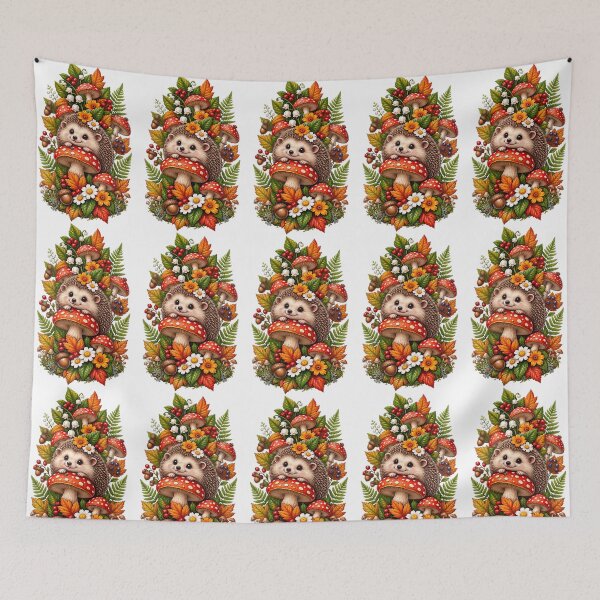 Item preview, hedgehog in forest, surrounded by  flowers, mushroom, trees designed and sold by Afnan Store.