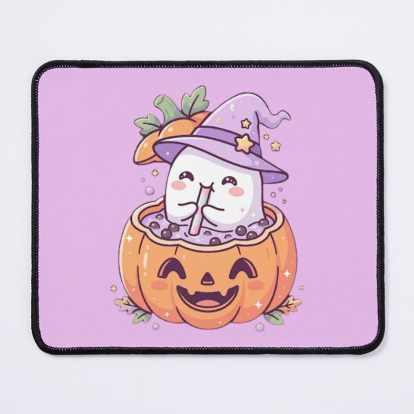 Artikelvorschau, Niedliches kleines Gespenst trinkt Boba in einem Jack O'Lantern-Kürbis – gruselige Stimmung entworfen und verkauft von Akira Design Store.