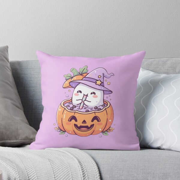 Aperçu de l'œuvre Un adorable petit fantôme sirotant du boba à l'intérieur d'une citrouille Jack O'Lantern - Ambiance effrayante créée et vendue par Akira Design Store.