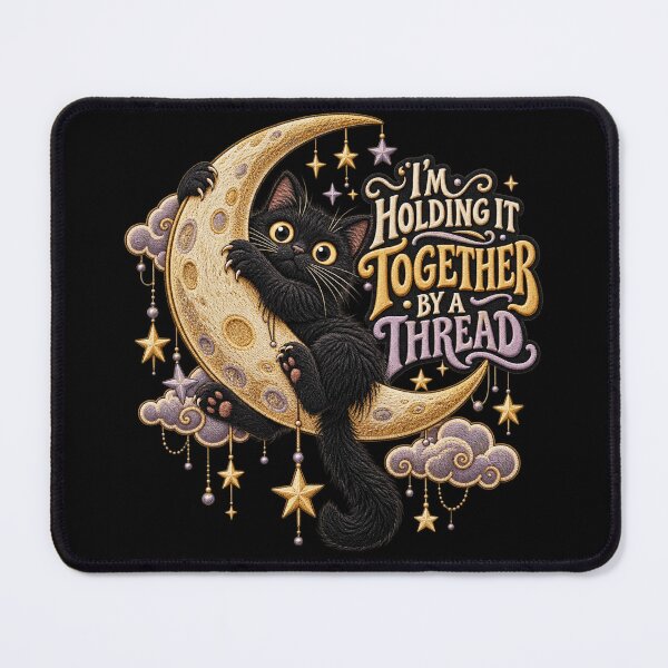 Item preview, lack Cat Moon Humor – I’m Holding It Together by a Thread Celestial Art designed and sold by Emoji Emblems.