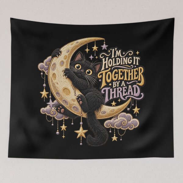 Item preview, lack Cat Moon Humor – I’m Holding It Together by a Thread Celestial Art designed and sold by Emoji Emblems.