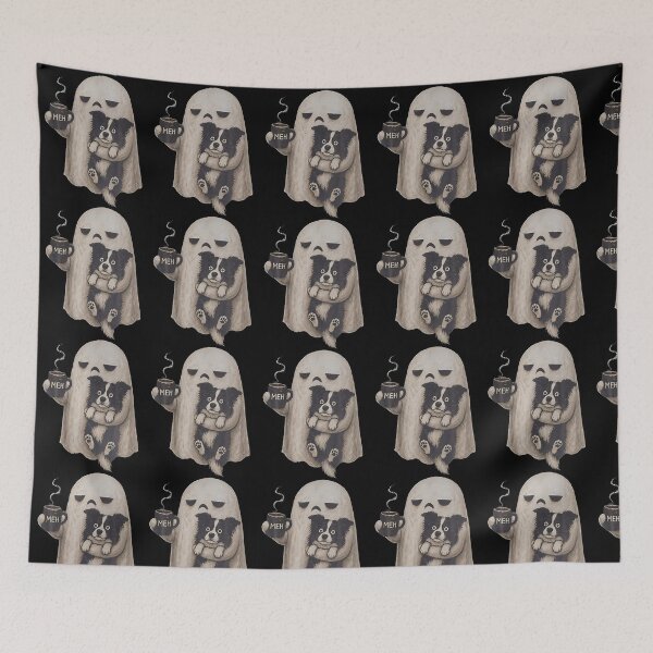 Item preview, Grumpy Ghost Border Collie Holding Coffee Halloween designed and sold by snailslowdance.