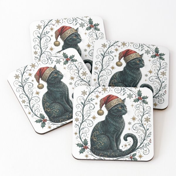 Item preview, Celestial Black Cat with Santa Hat | Elegant Whimsical Christmas Art designed and sold by HexAndHearth.