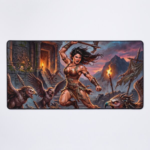 Item preview, Fierce Amazonian Warrior vs Griffins – Epic Fantasy Battle Art designed and sold by VALKYRAART53.