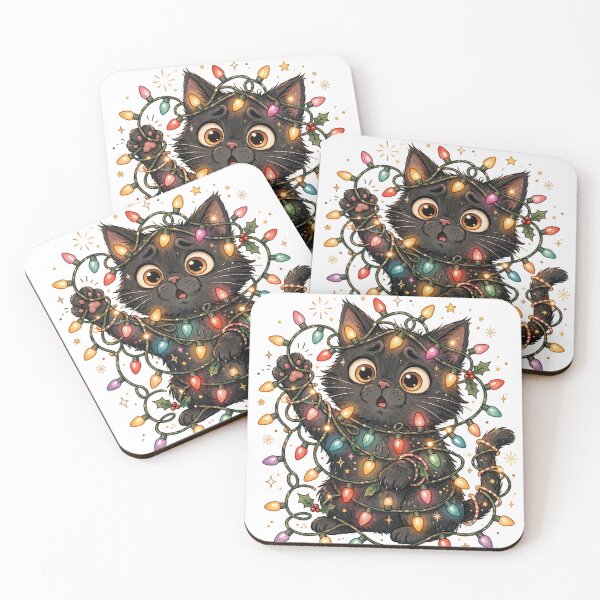 Item preview, Black Cat Tangled in Christmas Lights | Funny Cute Holiday Cat designed and sold by HexAndHearth.
