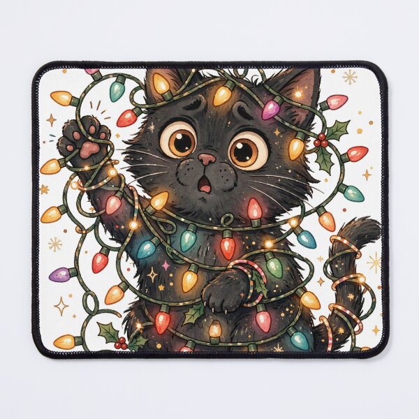 Item preview, Black Cat Tangled in Christmas Lights | Funny Cute Holiday Cat designed and sold by HexAndHearth.