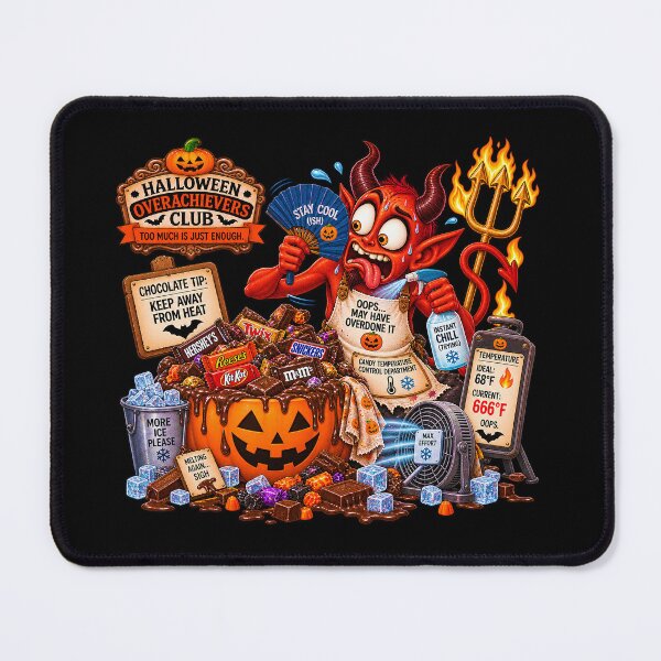 Item preview, ⚡HALLOWEEN OVERACHIEVERS CLUB - Frazzled Devil’s Melting Candy Crisis - Candy Temperature Control Department - dark version designed and sold by WheelieGdArt.