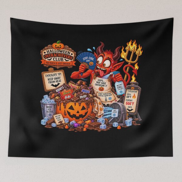 Item preview, ⚡HALLOWEEN OVERACHIEVERS CLUB -  Frazzled Devil’s Melting Candy Crisis - Candy Temperature Control Department - dark version designed and sold by WheelieGdArt.