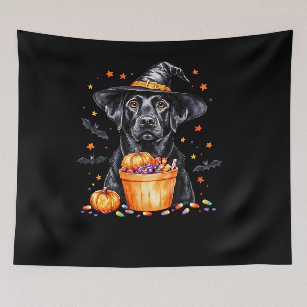 Item preview, Halloween Black Labrador Wearing Witch Hat Holding Candy Basket designed and sold by LouiseMcShop.