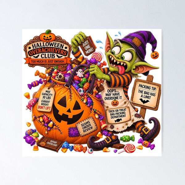 Item preview, ⚡HALLOWEEN OVERACHIEVERS CLUB -  Goblin Candy Chaos - Trick-or-Treat Bag Packing Department designed and sold by WheelieGdArt.
