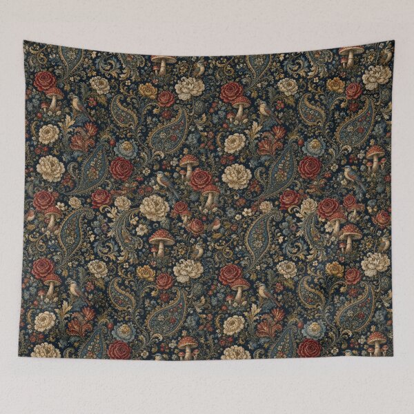 Item preview, Whimsical Dark Cottagecore, Paisley, Flemish Florals and Birds Tapestry Art  designed and sold by DrewRomeoCo.