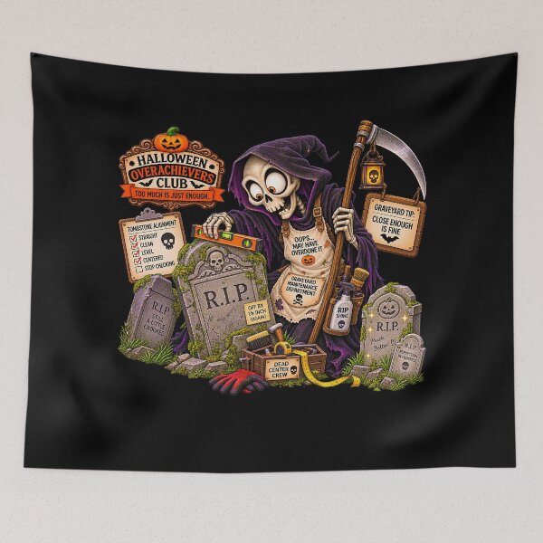 Item preview, ⚡HALLOWEEN OVERACHIEVERS CLUB -  Grim Reaper’s Graveyard Maintenance Department - dark version designed and sold by WheelieGdArt.