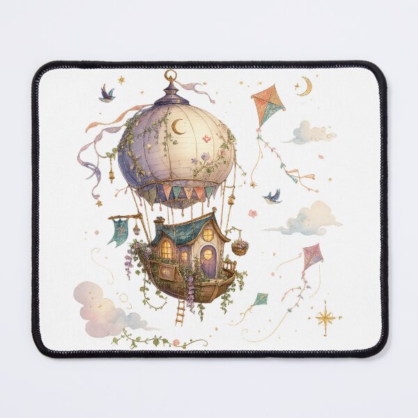 Item preview, Whimsical Hot Air Balloon Cottage Celestial Watercolor Fantasy Art Design designed and sold by inkoutninja.