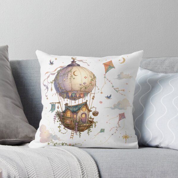 Item preview, Whimsical Hot Air Balloon Cottage Celestial Watercolor Fantasy Art Design designed and sold by inkoutninja.