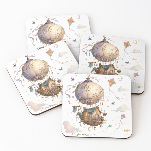Item preview, Whimsical Hot Air Balloon Cottage Celestial Watercolor Fantasy Art Design designed and sold by inkoutninja.