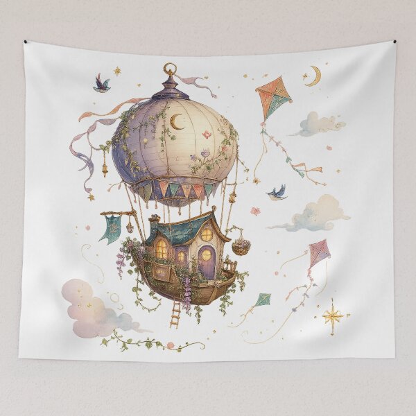 Item preview, Whimsical Hot Air Balloon Cottage Celestial Watercolor Fantasy Art Design designed and sold by inkoutninja.
