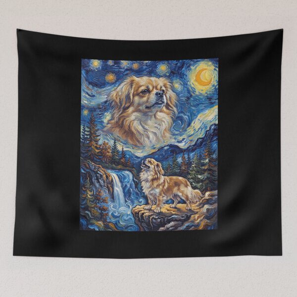 Item preview, Tibetan Spaniel Howling Moon Starry Night Van Gogh Art Animal Lover designed and sold by dian-rody-crest.