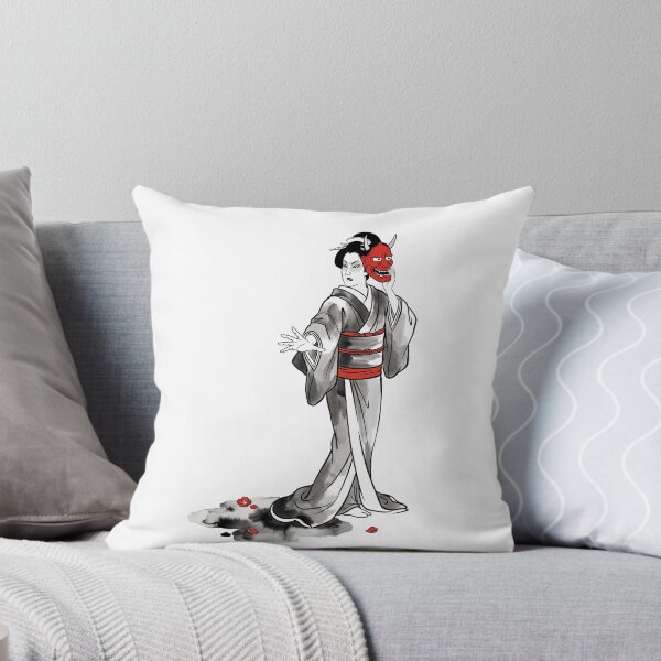 Item preview, Geisha Holding Red Hannya Mask Ink Painting designed and sold by TokyoUkiyoHouse.