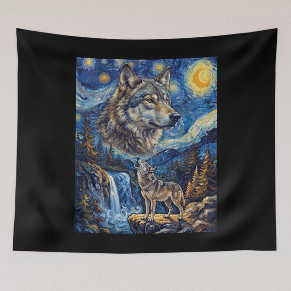 Item preview, Wolf Howling Moon Starry Night Van Gogh Art Animal Lover designed and sold by dian-rody-crest.