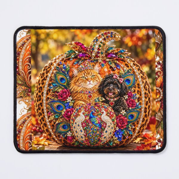 Item preview, Royal Autumn Pumpkin – Jeweled Cat & Dog with Peacocks designed and sold by Extremeallie.
