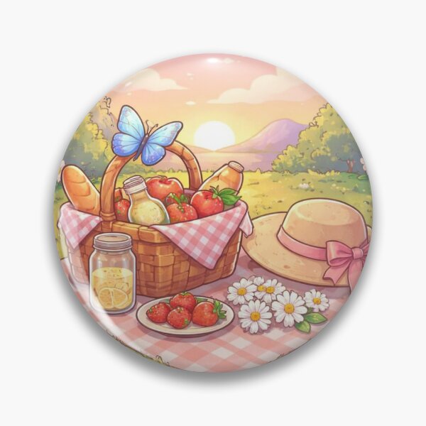 Item preview, Cute Cottagecore Sunset Picnic Basket with Butterfly Strawberries and Straw Hat designed and sold by FestivityFinds.