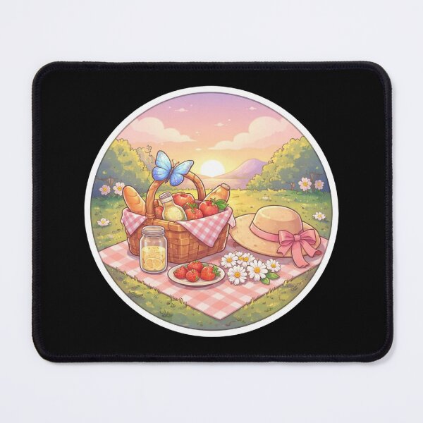 Item preview, Cute Cottagecore Sunset Picnic Basket with Butterfly Strawberries and Straw Hat designed and sold by FestivityFinds.
