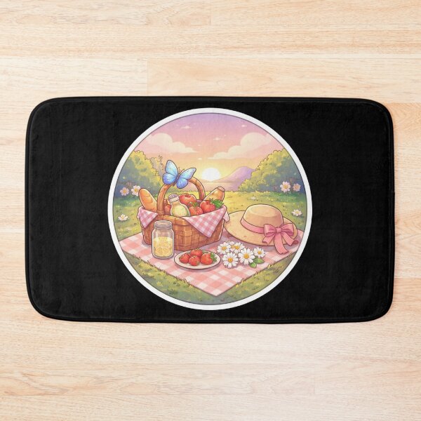 Item preview, Cute Cottagecore Sunset Picnic Basket with Butterfly Strawberries and Straw Hat designed and sold by FestivityFinds.