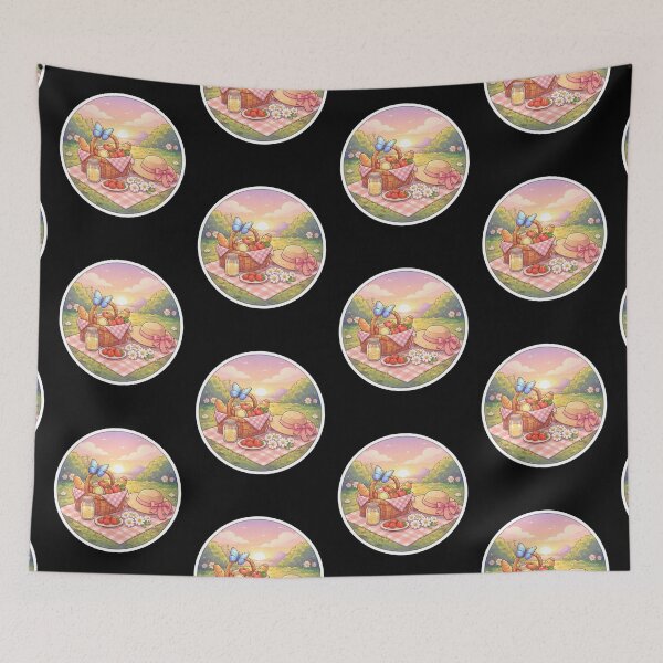 Item preview, Cute Cottagecore Sunset Picnic Basket with Butterfly Strawberries and Straw Hat designed and sold by FestivityFinds.