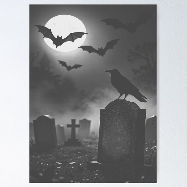 Item preview, Graveyard, night, moon, bats, tombstones, raven, halloween designed and sold by 4gottenlore.
