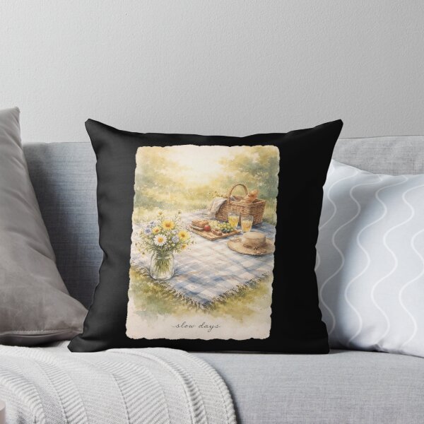 Item preview, Slow Days Cottagecore Picnic Watercolor Poster with Daisy Jar and Blanket Wall Art designed and sold by FestivityFinds.