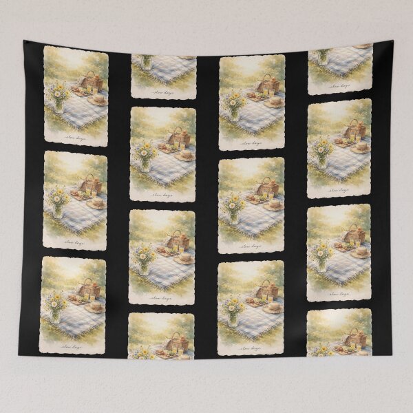 Item preview, Slow Days Cottagecore Picnic Watercolor Poster with Daisy Jar and Blanket Wall Art designed and sold by FestivityFinds.