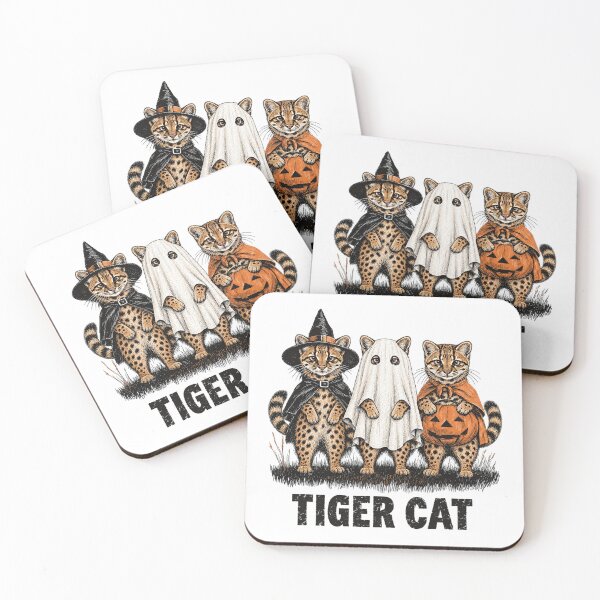 Item preview, Three Tiger Cat Halloween Costumes Witch Ghost Pumpkin Vintage designed and sold by CozyCubs-Art.